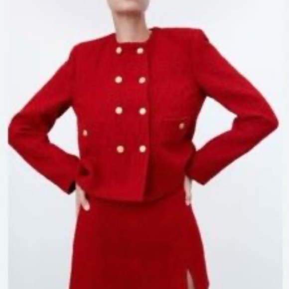 ZARA Double Breasted Blazer Lady Jacket Red Textured Tweed Boucle Size Medium - Picture 13 of 16